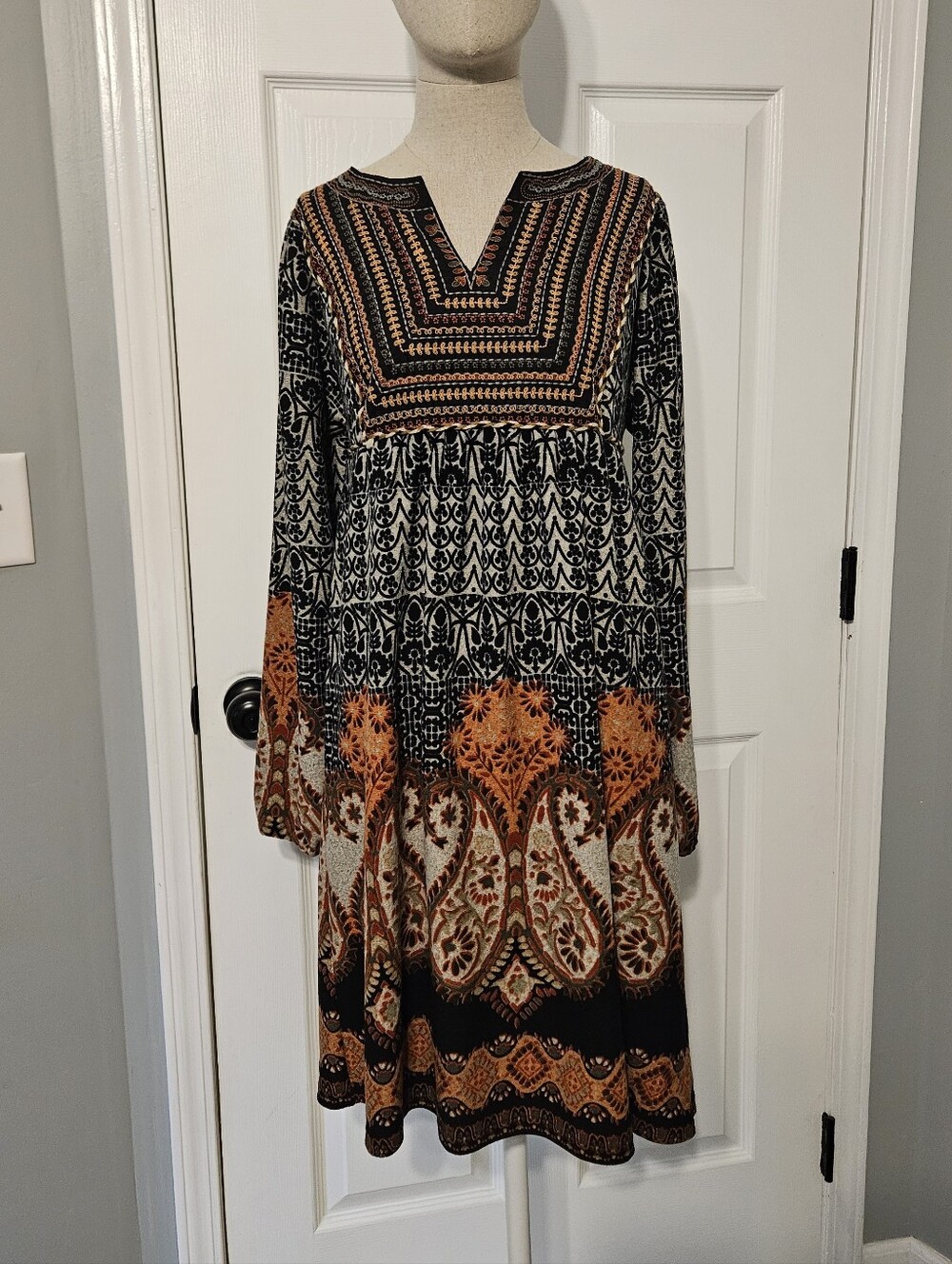 Boho Printed Long Sleeve Dress in Black & Orange